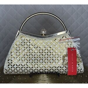 NWT Prom Worthy Kelly & Katie Gala Gold Rhinestone Clutch Detachable Metal Strap